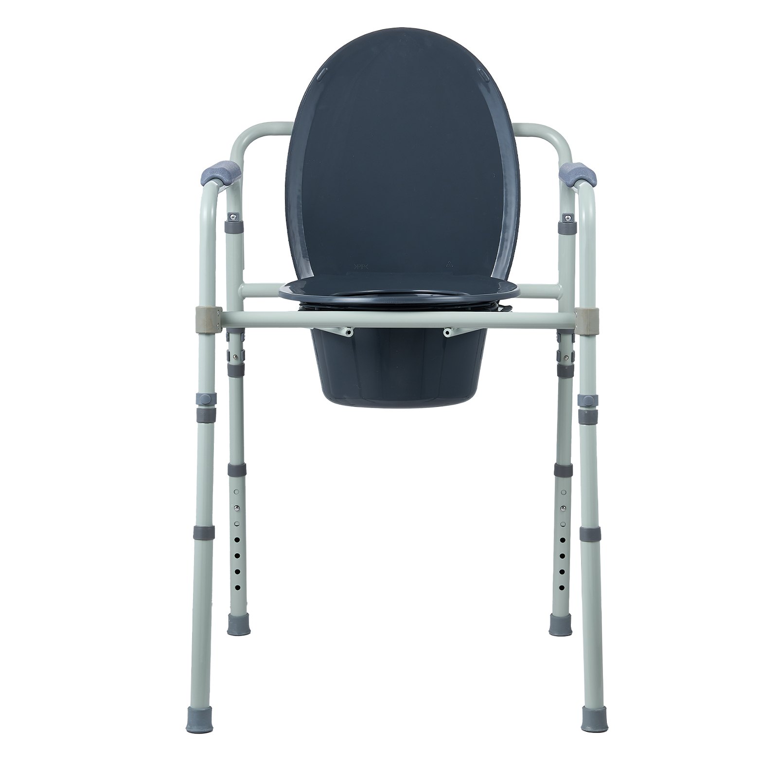 VEVOR commode chair with adjustable metal frame and dark seat, featuring a removable waste bucket.