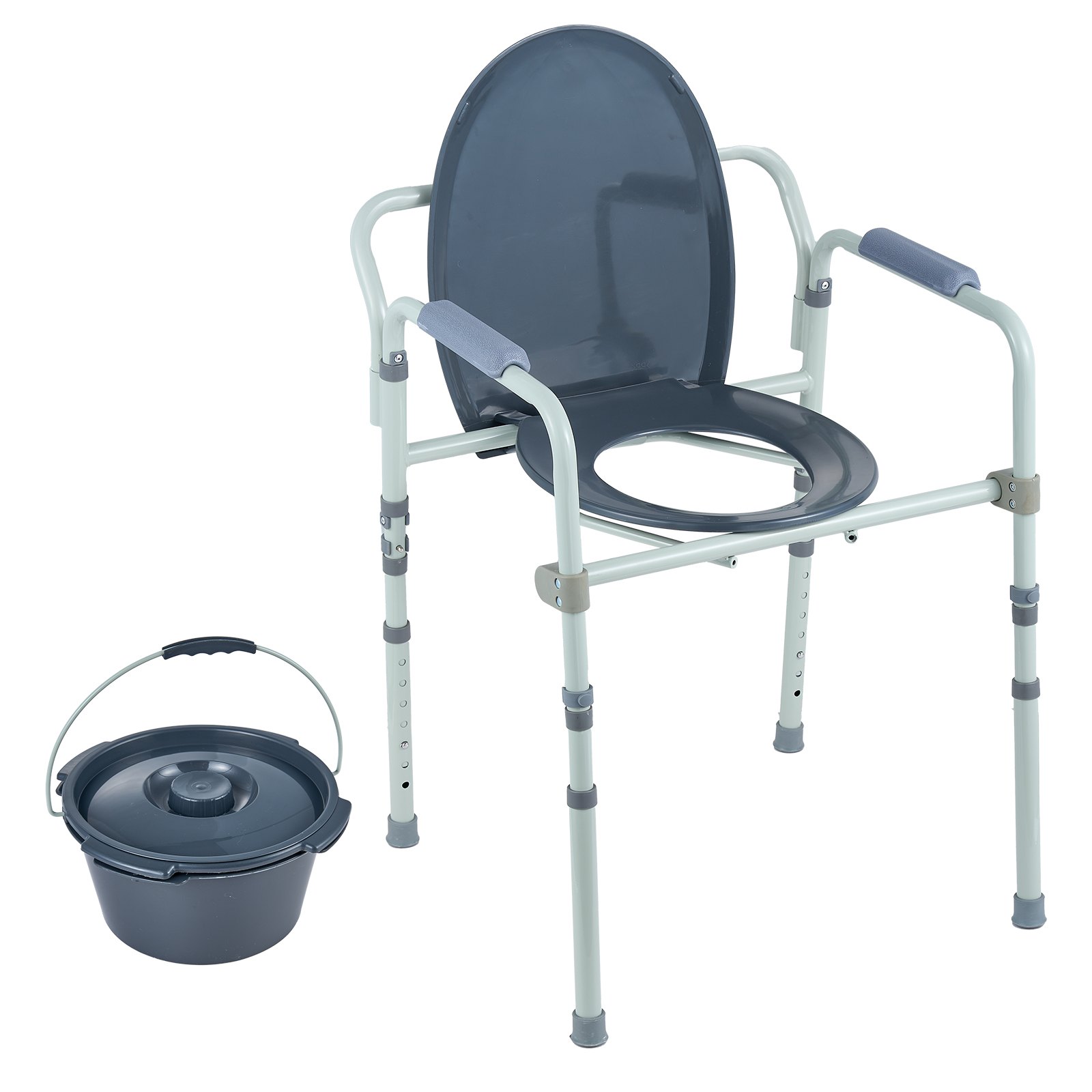 VEVOR commode chair with detachable bucket, padded armrests, and adjustable legs for convenience.