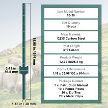 VEVOR Stâlpi de gard de 3 picioare Pachet 10 Stâlpi de gard metalic rezistenti în T, verde