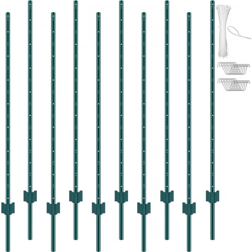 VEVOR 5 Feet Fence Post 10 Pack T-Post Heavy Duty Metal Fence Posts Green