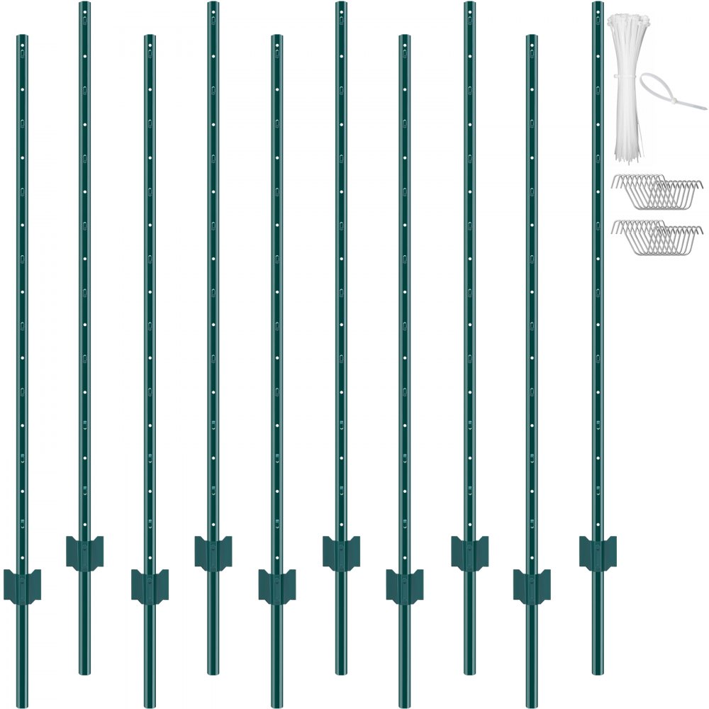 Lot de 10 poteaux de clôture en métal robustes VEVOR de 5 pieds, poteaux en T, vert