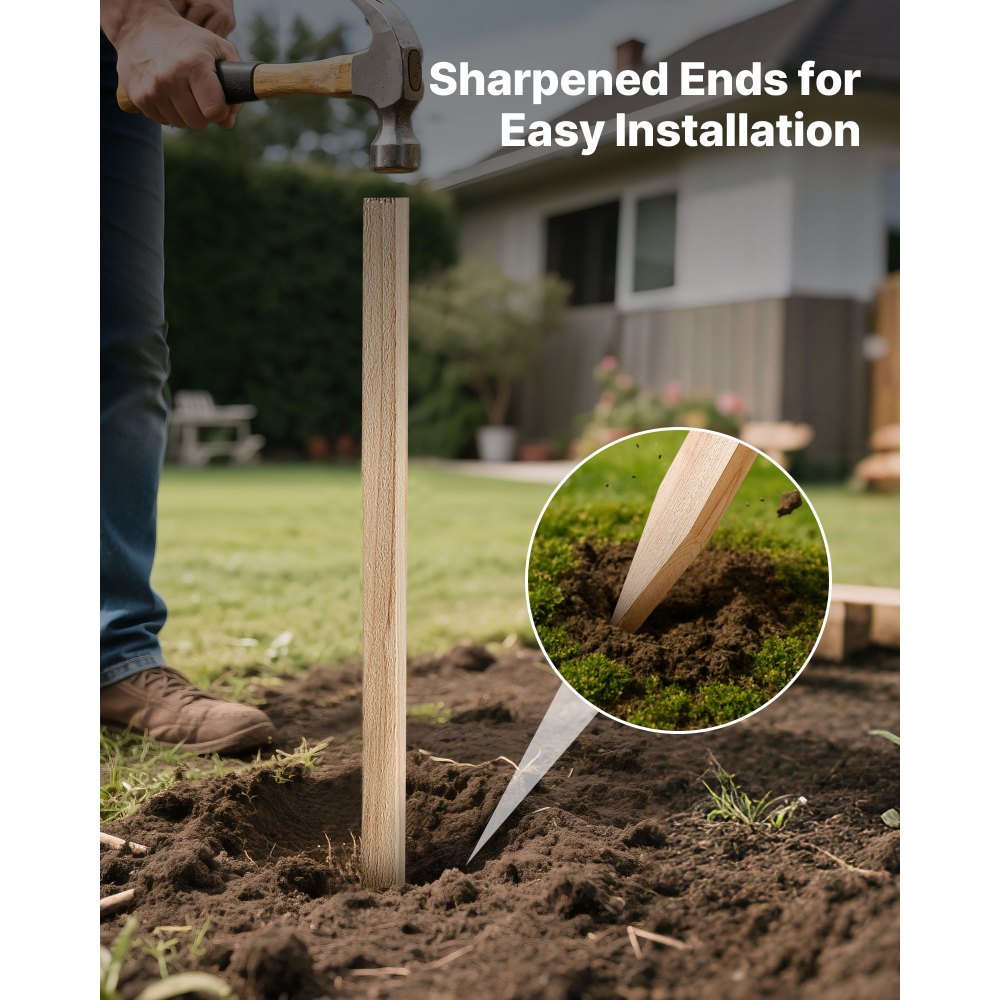 VEVOR Wooden Garden Stakes, 25 Pcs 48x0.5x0.69 in Survey Grading Stakes, Garden Ground Stake with Sharp Point, Fir Wood Plant Support Stake, Sign Posts for Silt Fence Backyard Boundaries Baselines