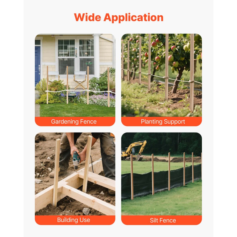 VEVOR Wooden Garden Stakes, 25 Pcs 48x0.5x0.69 in Survey Grading Stakes, Garden Ground Stake with Sharp Point, Fir Wood Plant Support Stake, Sign Posts for Silt Fence Backyard Boundaries Baselines