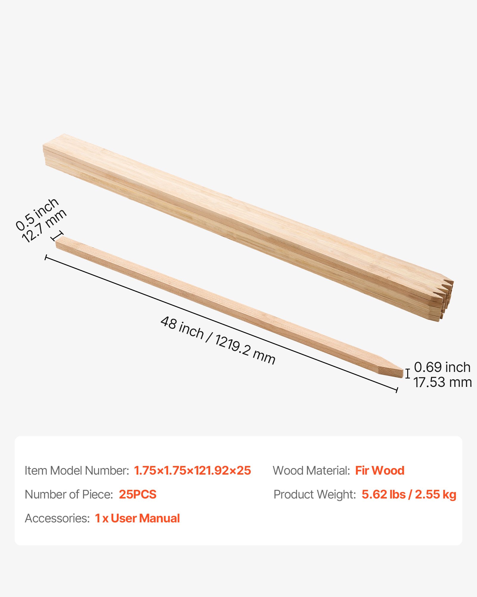 VEVOR Wooden Garden Stakes, 25 Pcs 48x0.5x0.69 in Survey Grading Stakes, Garden Ground Stake with Sharp Point, Fir Wood Plant Support Stake, Sign Posts for Silt Fence Backyard Boundaries Baselines
