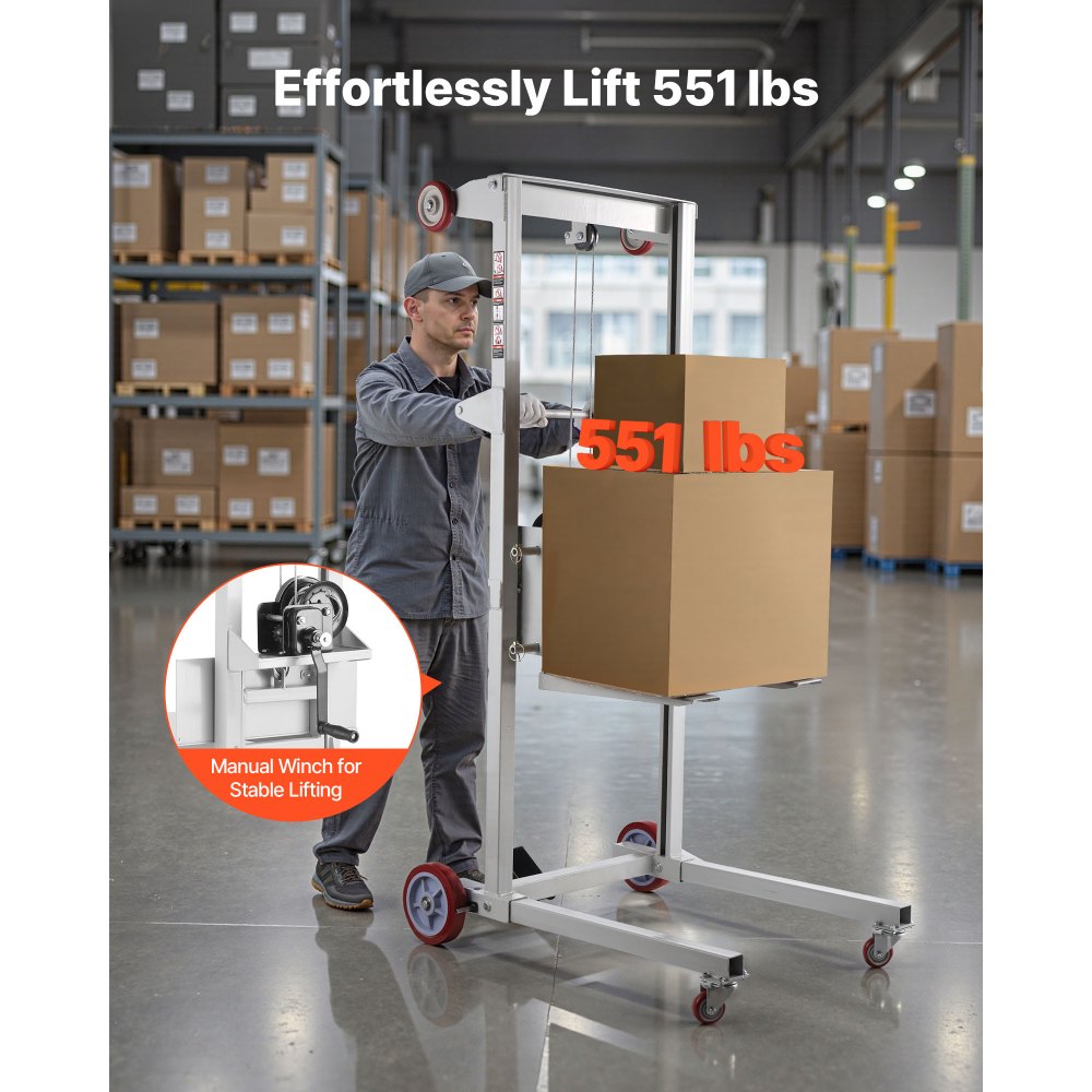 VEVOR Material Lift Winch Stacker, 551 lbs Capacity Pallet Truck Dolly, 70 in Max Lifting Height Manual Winch Stacker, Multifunctional Manual Pallet Truck Stacker with Wheels and Adjustable Fork