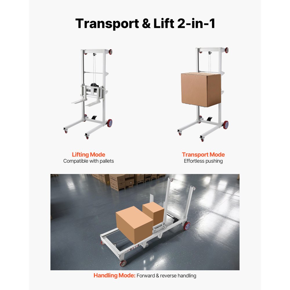 VEVOR Material Lift Winch Stacker, 551 lbs Capacity Pallet Truck Dolly, 70 in Max Lifting Height Manual Winch Stacker, Multifunctional Manual Pallet Truck Stacker with Wheels and Adjustable Fork
