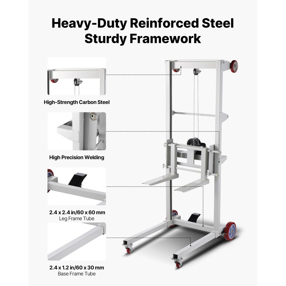 VEVOR Material Lift Winch Stacker, 551 lbs Capacity Pallet Truck Dolly, 70 in Max Lifting Height Manual Winch Stacker, Multifunctional Manual Pallet Truck Stacker with Wheels and Adjustable Fork
