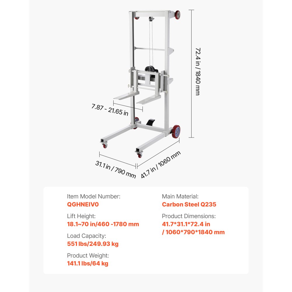 VEVOR Material Lift Winch Stacker, 551 lbs Capacity Pallet Truck Dolly, 70 in Max Lifting Height Manual Winch Stacker, Multifunctional Manual Pallet Truck Stacker with Wheels and Adjustable Fork