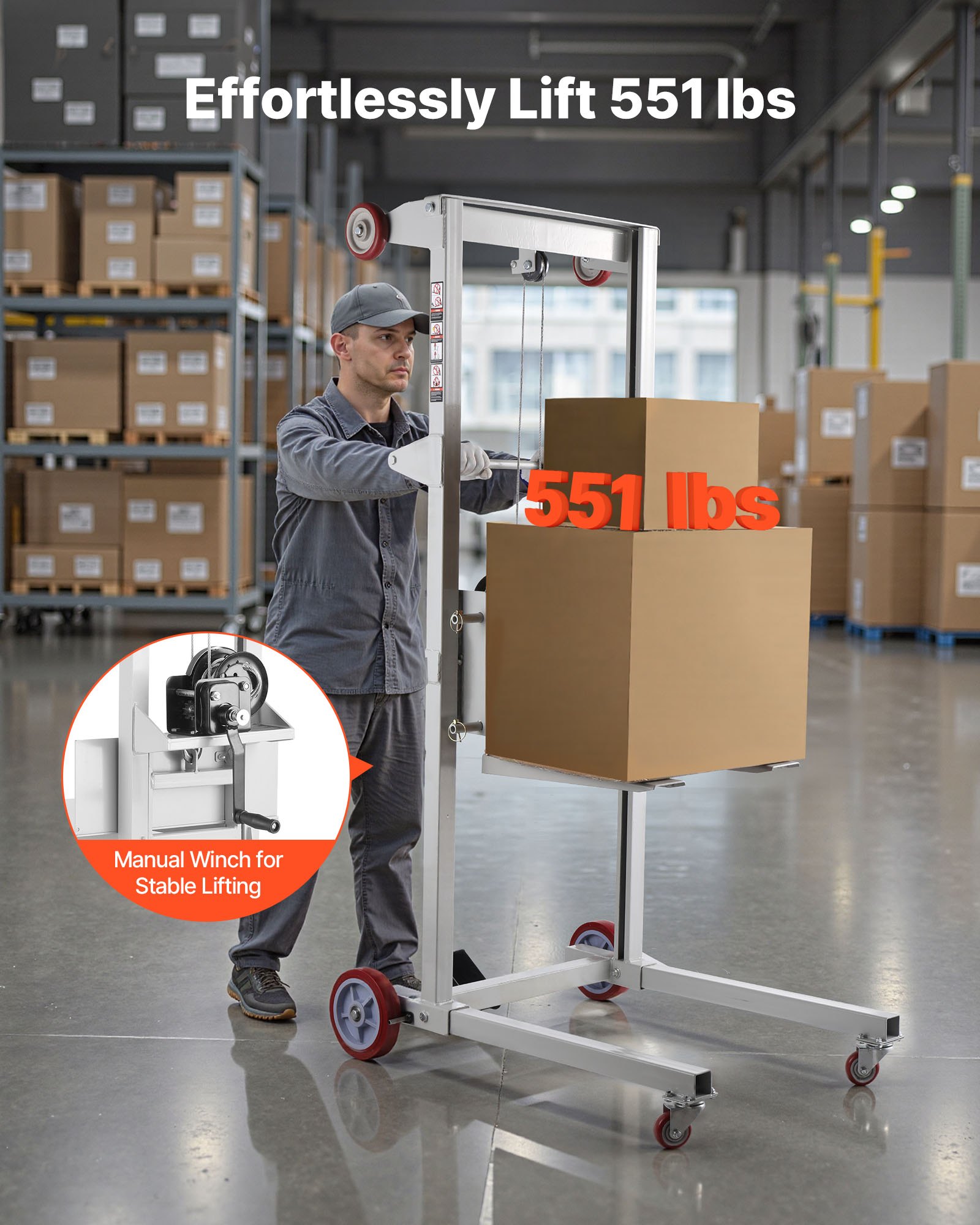 VEVOR Material Lift Winch Stacker, 551 lbs Capacity Pallet Truck Dolly, 70 in Max Lifting Height Manual Winch Stacker, Multifunctional Manual Pallet Truck Stacker with Wheels and Adjustable Fork