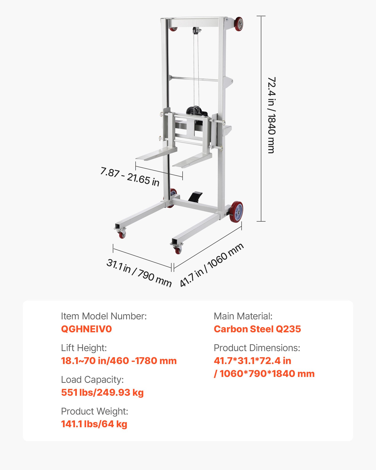 VEVOR Material Lift Winch Stacker, 551 lbs Capacity Pallet Truck Dolly, 70 in Max Lifting Height Manual Winch Stacker, Multifunctional Manual Pallet Truck Stacker with Wheels and Adjustable Fork
