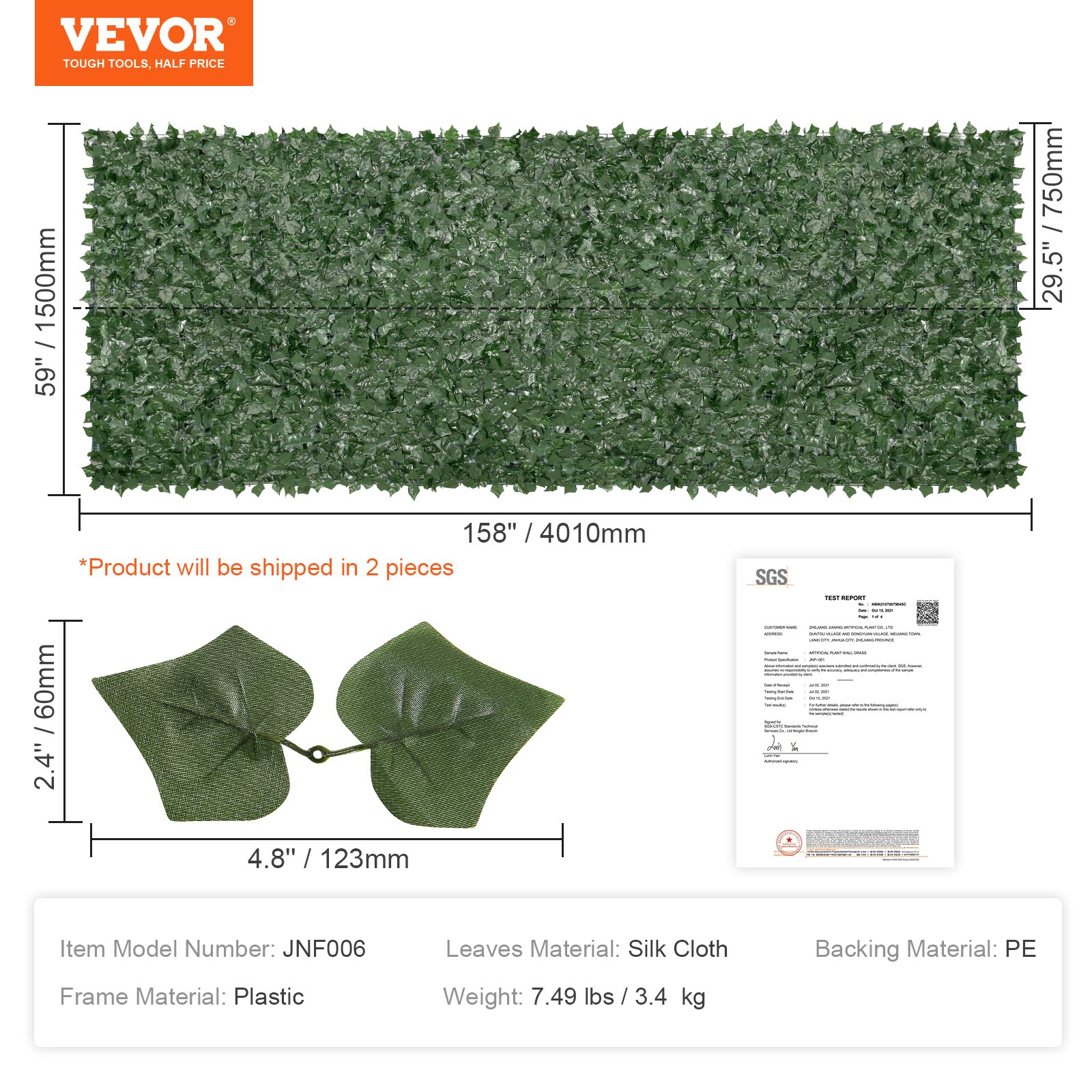VEVOR Ivy Privacy Fence, 1.5 x 4m Artificial Green Wall Screen, Greenery Ivy Fence w/ Mesh Cloth Backing and Strengthened Joint, Faux Hedges Vine Leaf Decoration for Outdoor Garden, Yard, Balcony