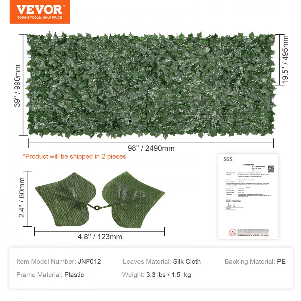 VEVOR Ivy Privacy Fence, 990 x 2490 mm  Artificial Green Wall Screen, Greenery Ivy Fence with Mesh Cloth Backing and Strengthened Joint, Faux Hedges Vine Leaf Decoration for Outdoor Garden, Yard