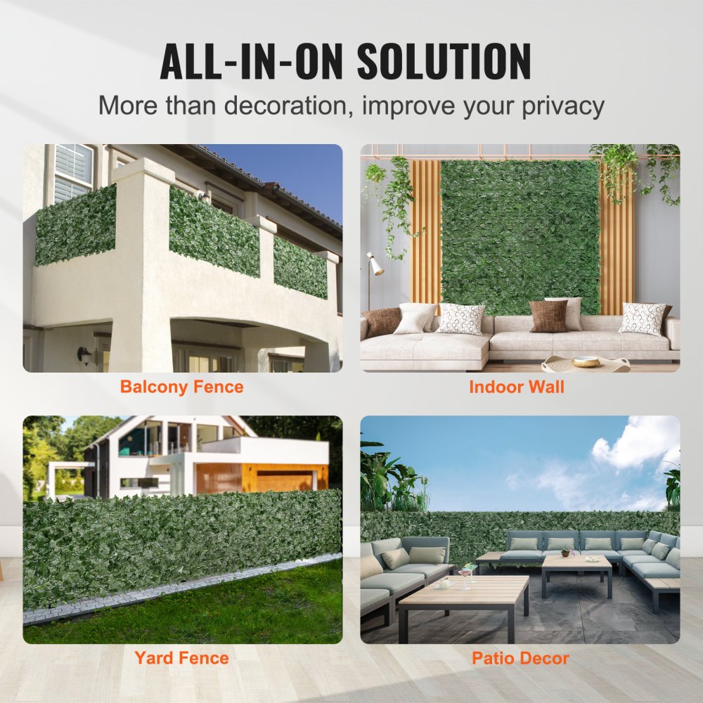 VEVOR Ivy Privacy Fence, 96"x72" Artificial Green Wall Screen, Greenery Ivy Fence with Mesh Cloth Backing and Strengthened Joint, Faux Hedges Vine Leaf Decoration for Outdoor Garden, Yard, 1830 x 2440 mm