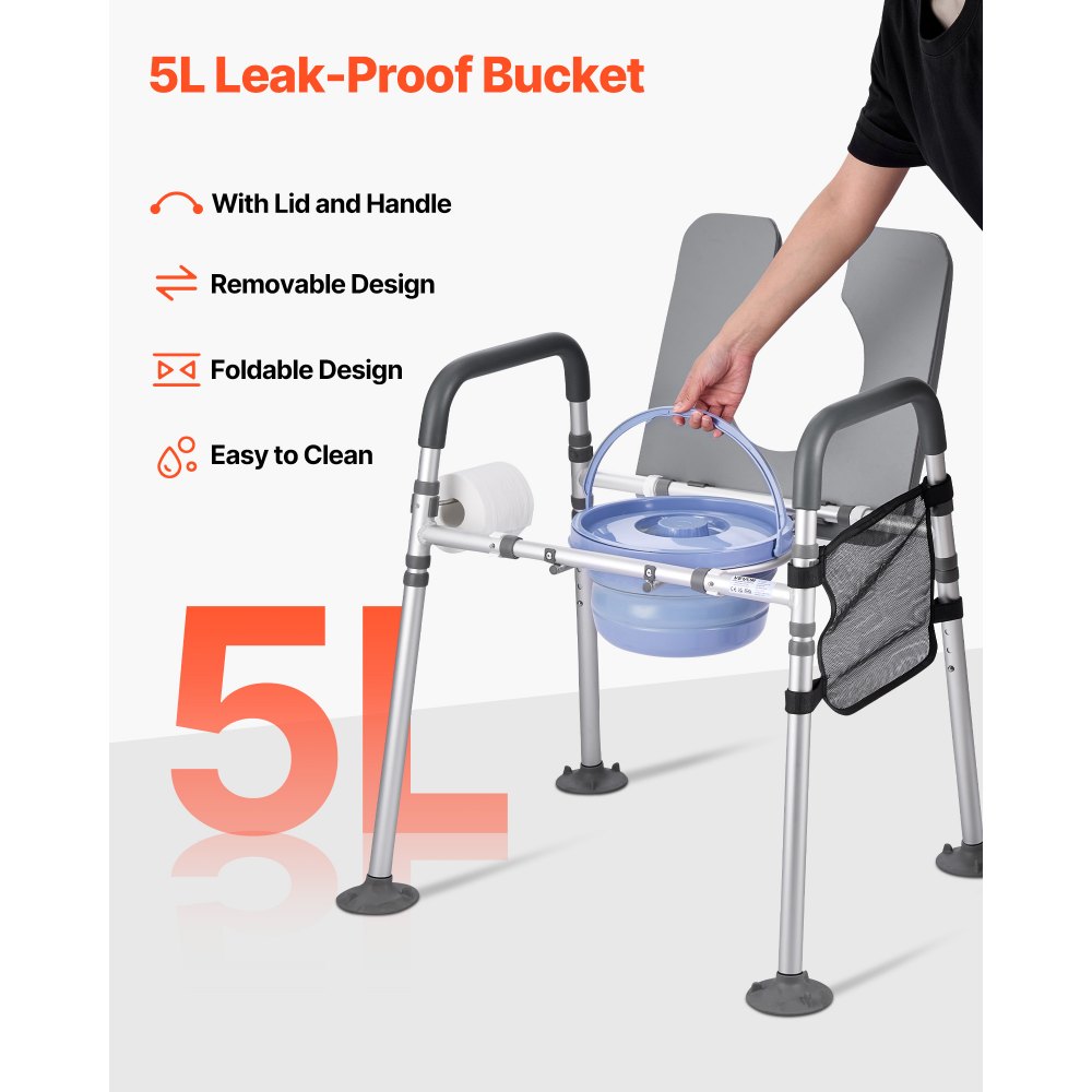 VEVOR Bedside Commode Chair, 500 lbs Capacity, 4-in-1 Portable Toilet and Raised Toilet Seat with Padded Seat & Armrest, Detachable 5L Bucket, Adjustable Height & Width Adult Potty Chair for Seniors
