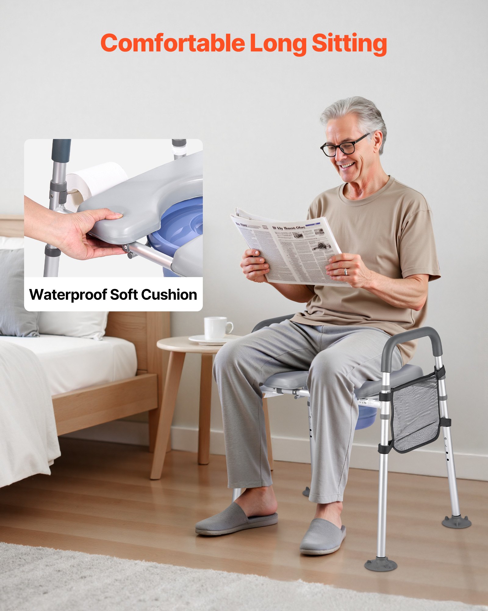 VEVOR Bedside Commode Chair, 500 lbs Capacity, 4-in-1 Portable Toilet and Raised Toilet Seat with Padded Seat & Armrest, Detachable 5L Bucket, Adjustable Height & Width Adult Potty Chair for Seniors