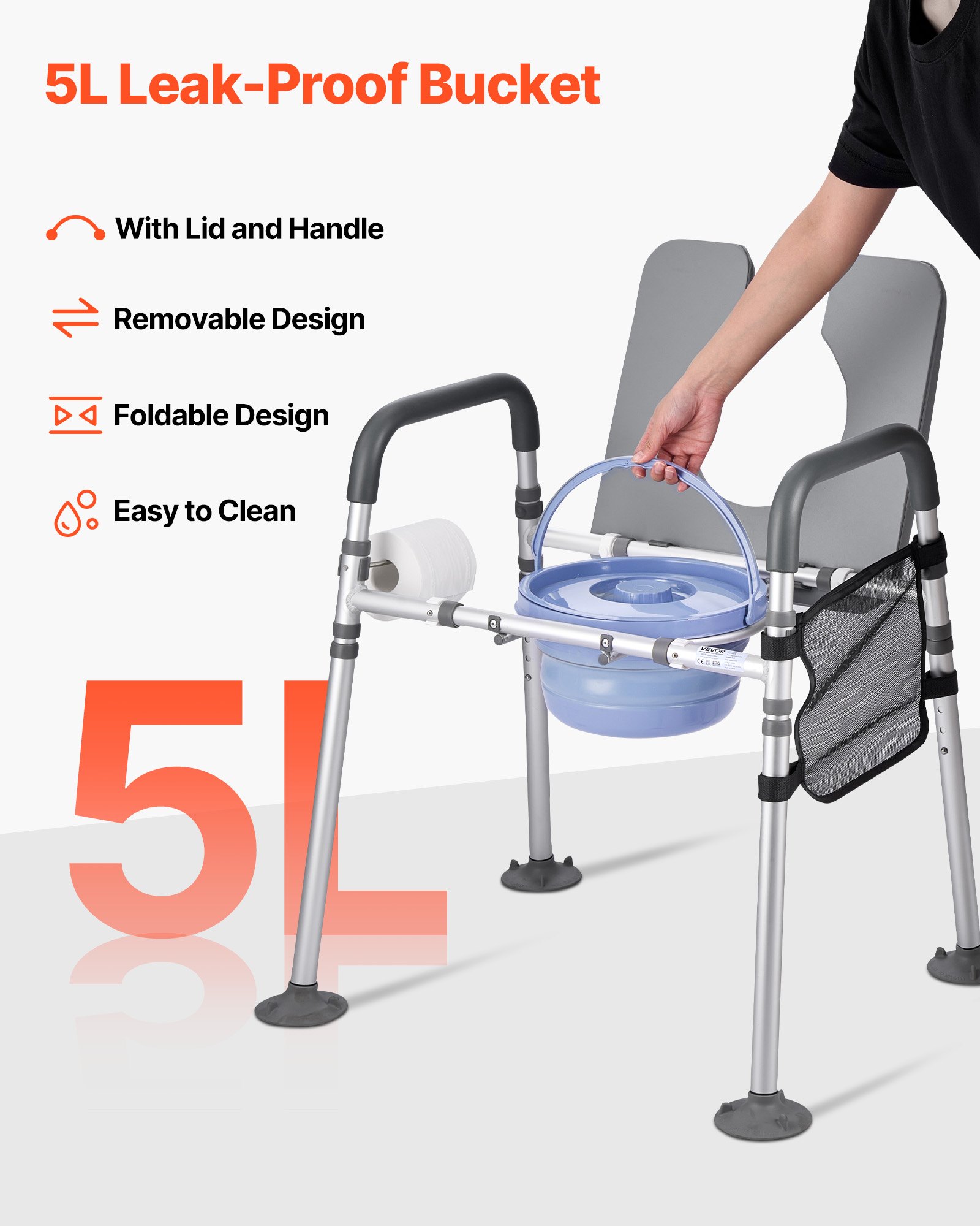 VEVOR Bedside Commode Chair, 500 lbs Capacity, 4-in-1 Portable Toilet and Raised Toilet Seat with Padded Seat & Armrest, Detachable 5L Bucket, Adjustable Height & Width Adult Potty Chair for Seniors