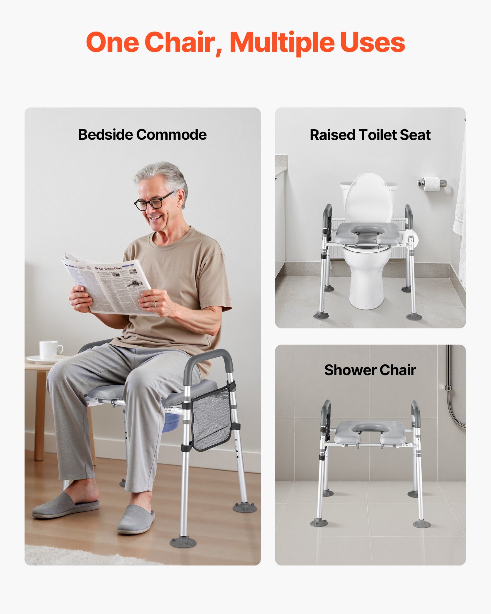 VEVOR Bedside Commode Chair, 500 lbs Capacity, 4-in-1 Portable Toilet and Raised Toilet Seat with Padded Seat & Armrest, Detachable 5L Bucket, Adjustable Height & Width Adult Potty Chair for Seniors