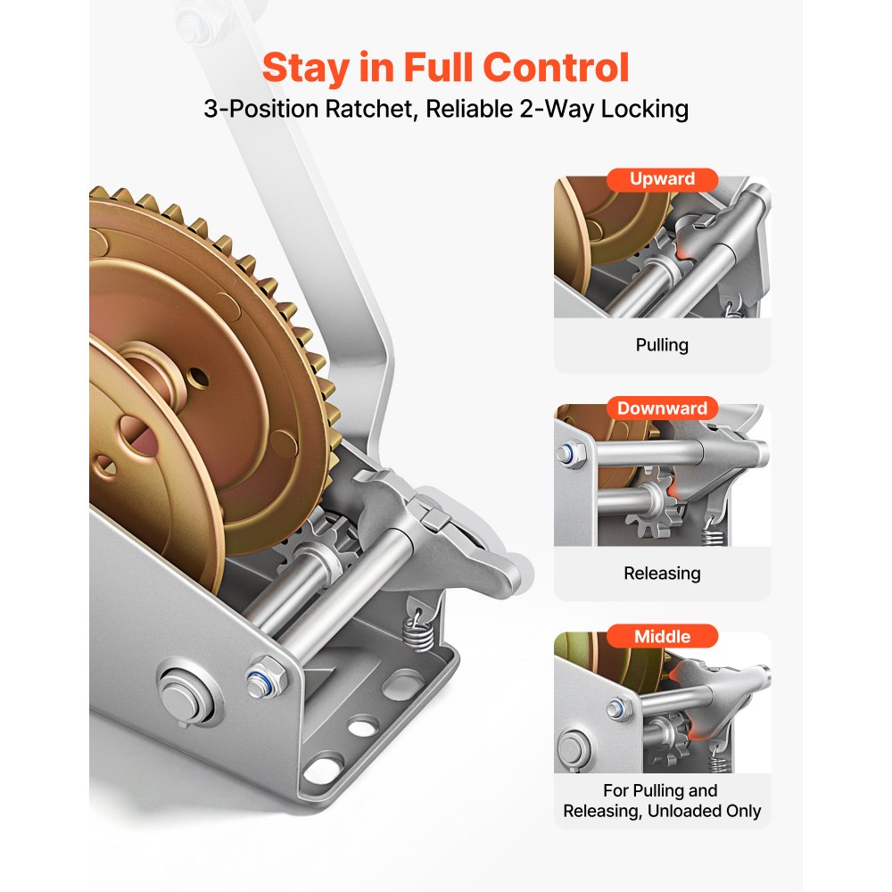 VEVOR Boat Winch, 726 kg Hand Winch, Heavy Duty Manual Rope Crank, Portable Two-Way Ratchet, 4: 1 Gear Ratio, Easy Installation Gear for Boat Trailer ATV Towing