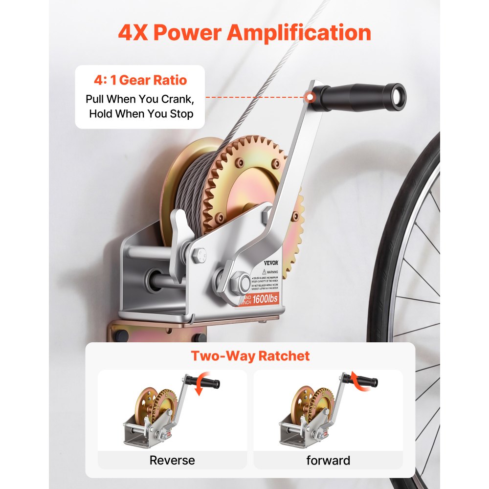VEVOR Boat Winch, 726 kg Hand Winch, Heavy Duty Manual Rope Crank, Portable Two-Way Ratchet, 4: 1 Gear Ratio, Easy Installation Gear for Boat Trailer ATV Towing