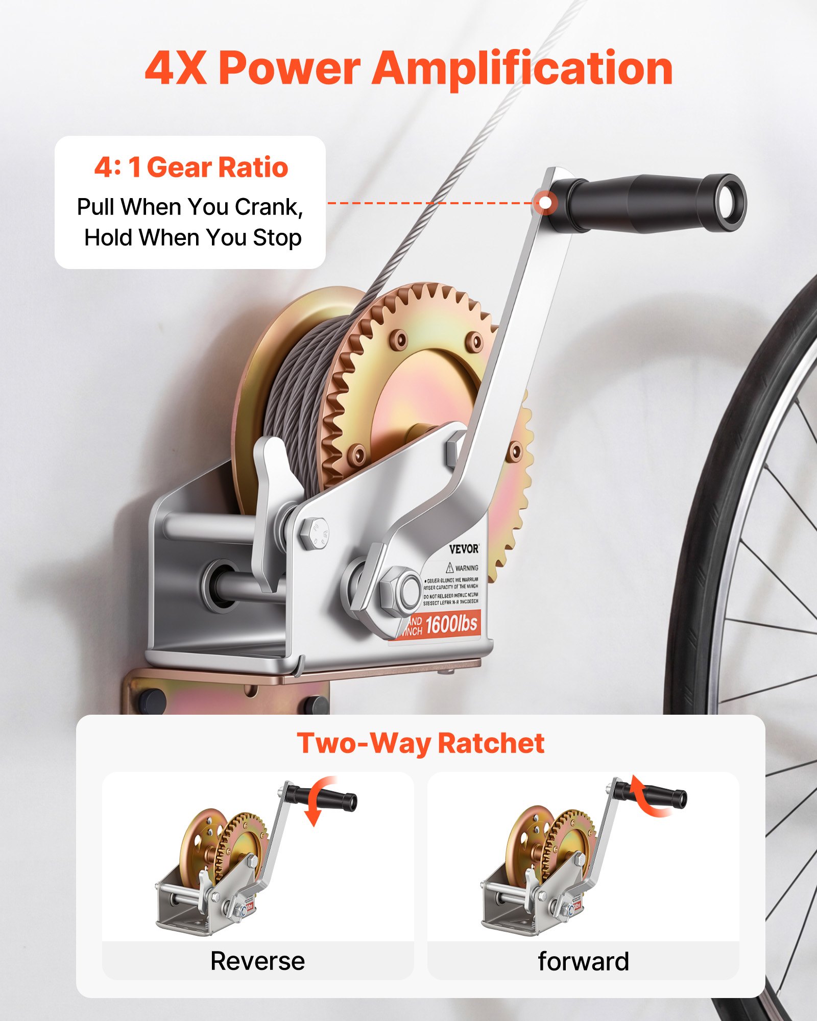 VEVOR Boat Winch, 726 kg Hand Winch, Heavy Duty Manual Rope Crank, Portable Two-Way Ratchet, 4: 1 Gear Ratio, Easy Installation Gear for Boat Trailer ATV Towing