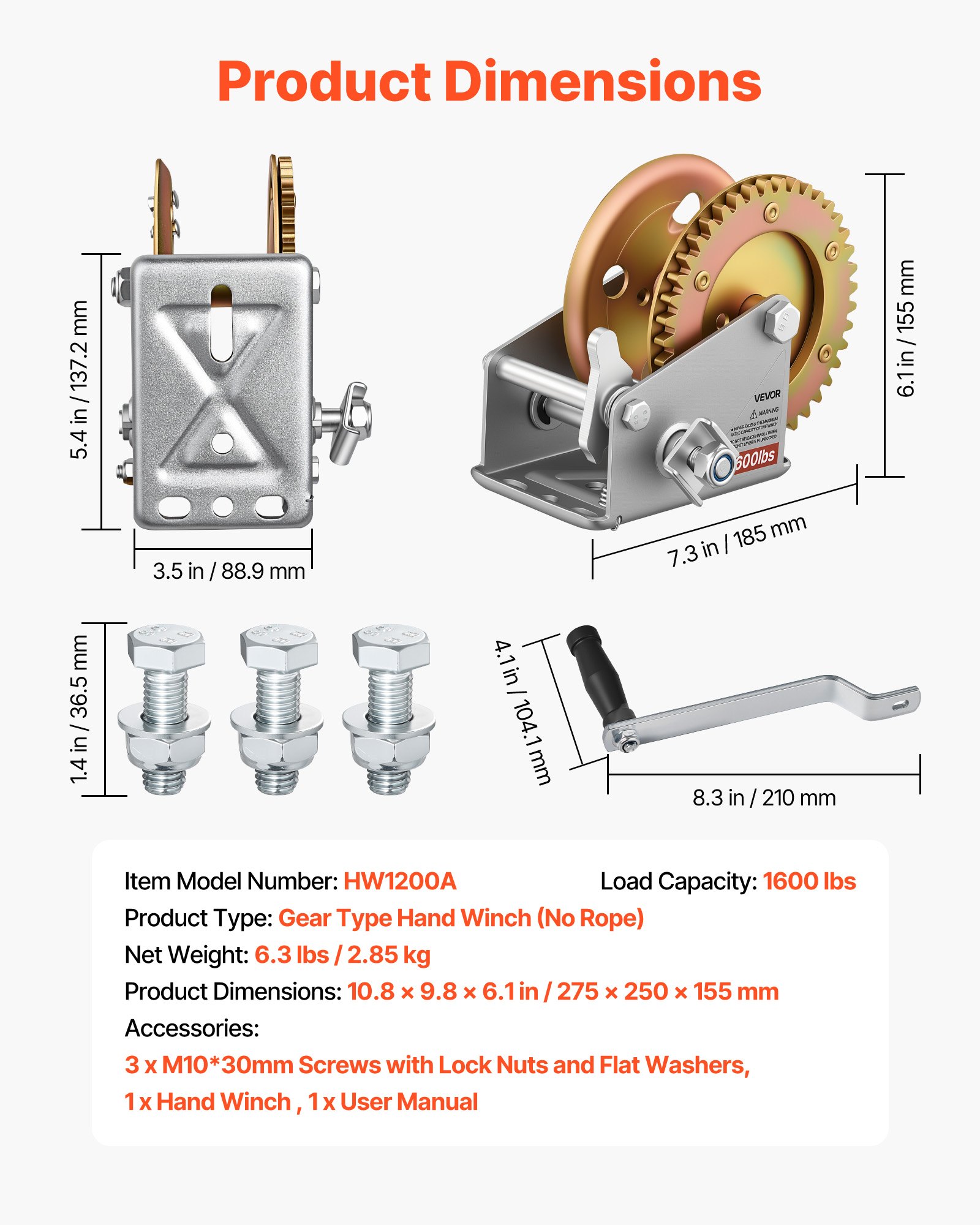 VEVOR Boat Winch, 726 kg Hand Winch, Heavy Duty Manual Rope Crank, Portable Two-Way Ratchet, 4: 1 Gear Ratio, Easy Installation Gear for Boat Trailer ATV Towing