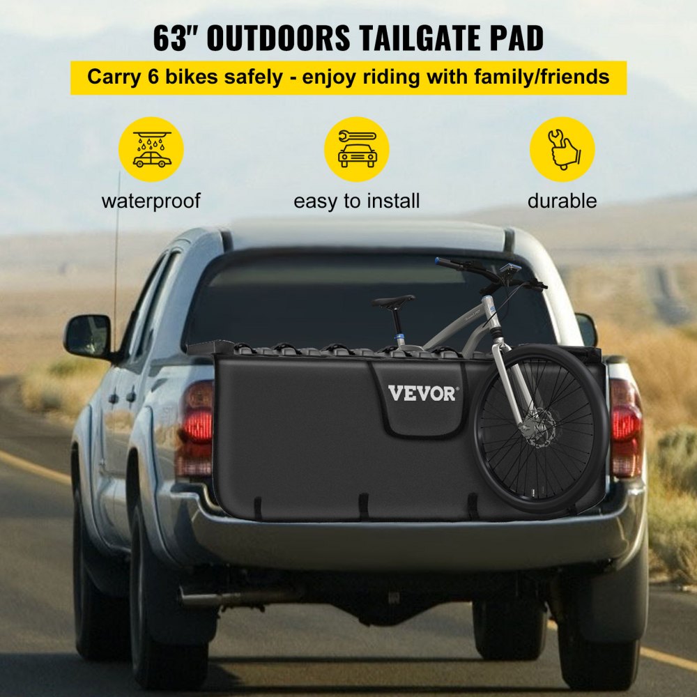 Almohadilla para portón trasero VEVOR, almohadilla para bicicleta de 63 pulgadas de ancho, almohadilla para bicicleta de camión para transportar hasta 6 bicicletas, almohadilla para bicicleta con capa exterior de PVC, bolsillo para herramientas y correas para camioneta mediana y grande, mejorada