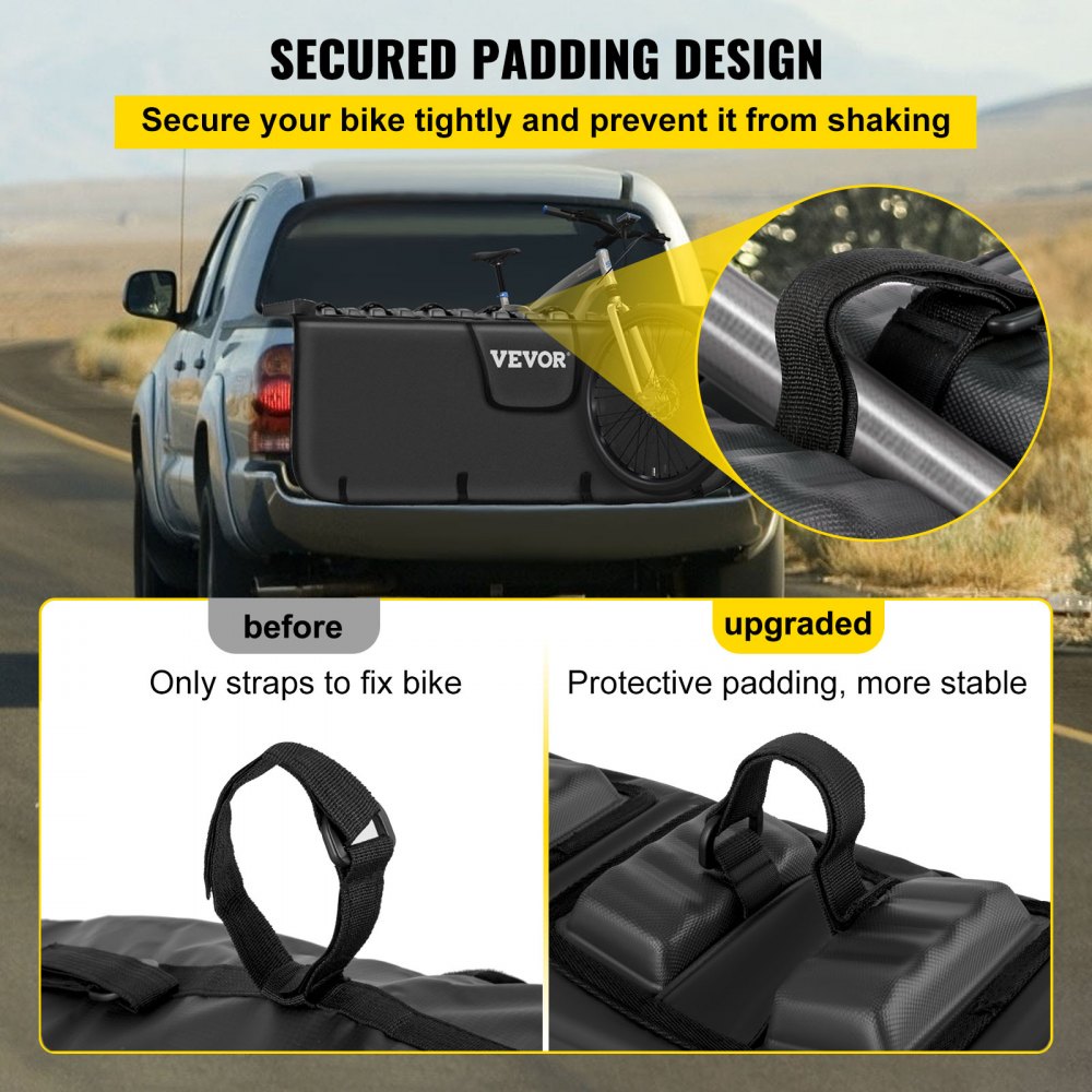 Almohadilla para portón trasero VEVOR, almohadilla para bicicleta de 63 pulgadas de ancho, almohadilla para bicicleta de camión para transportar hasta 6 bicicletas, almohadilla para bicicleta con capa exterior de PVC, bolsillo para herramientas y correas para camioneta mediana y grande, mejorada