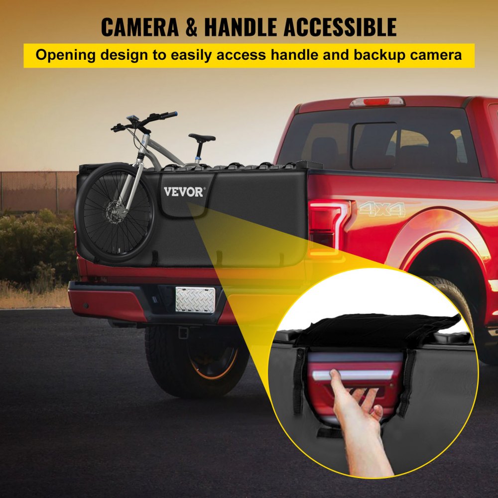 Almohadilla para portón trasero VEVOR, almohadilla para bicicleta de 63 pulgadas de ancho, almohadilla para bicicleta de camión para transportar hasta 6 bicicletas, almohadilla para bicicleta con capa exterior de PVC, bolsillo para herramientas y correas para camioneta mediana y grande, mejorada