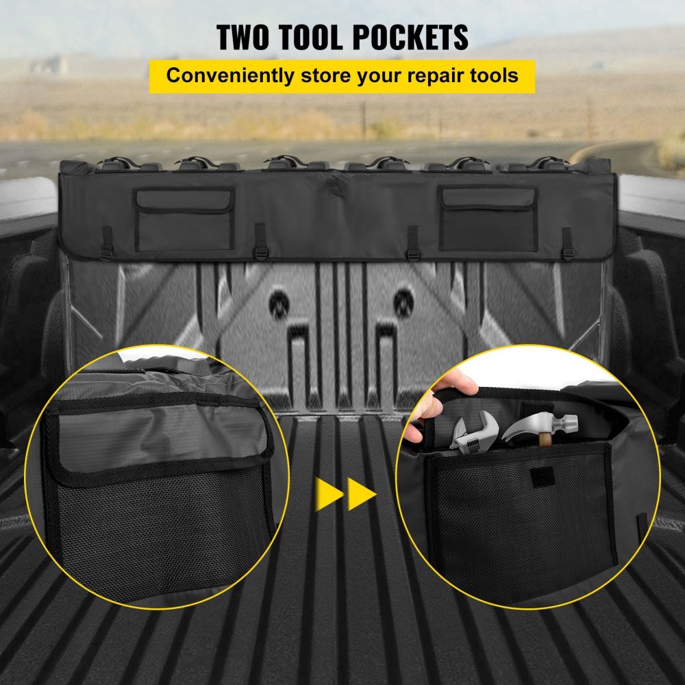 Almohadilla para portón trasero VEVOR, almohadilla para bicicleta de 63 pulgadas de ancho, almohadilla para bicicleta de camión para transportar hasta 6 bicicletas, almohadilla para bicicleta con capa exterior de PVC, bolsillo para herramientas y correas para camioneta mediana y grande, mejorada