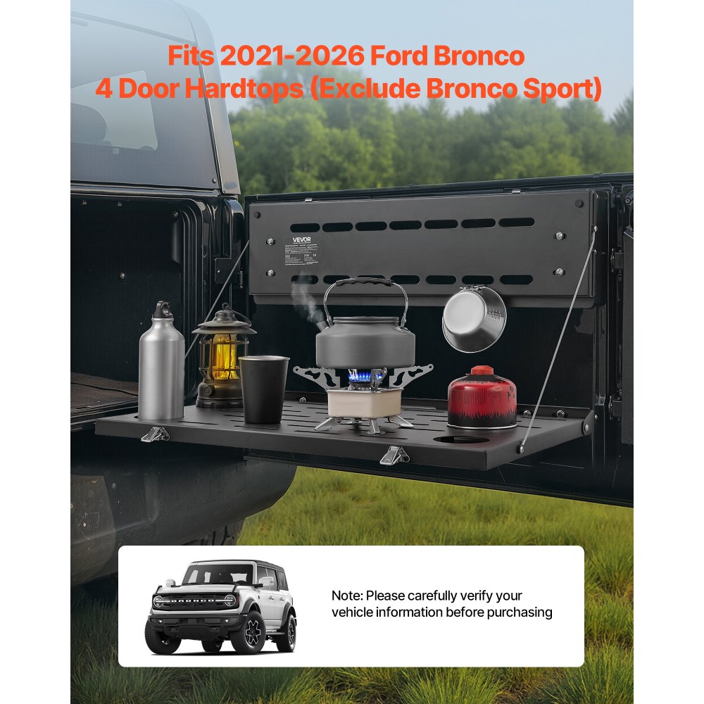 VEVOR Tailgate Table for 2021-2026 Ford Bronco 4 Door Hardtops (Exclude Bronco Sport), Foldable Molle Panel Drop Down Table, Rear Door Cargo Storage Rack Shelf Luggage Holder Carrier