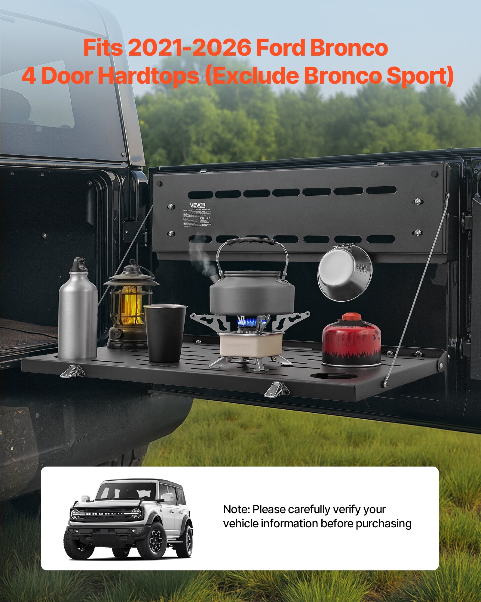 VEVOR Tailgate Table for 2021-2026 Ford Bronco 4 Door Hardtops (Exclude Bronco Sport), Foldable Molle Panel Drop Down Table, Rear Door Cargo Storage Rack Shelf Luggage Holder Carrier