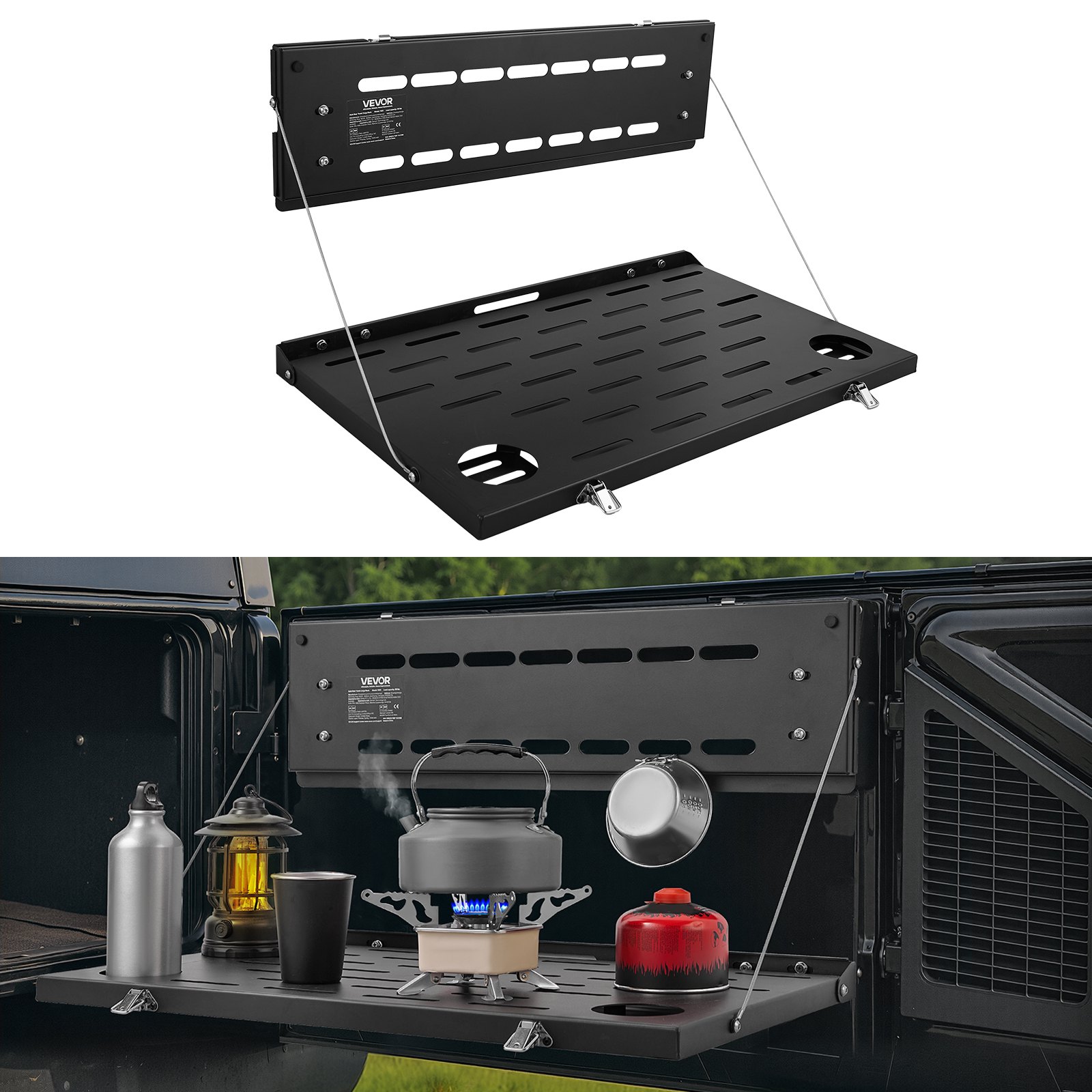 VEVOR Tailgate Table for 2021-2026 Ford Bronco 4 Door Hardtops (Exclude Bronco Sport), Foldable Molle Panel Drop Down Table, Rear Door Cargo Storage Rack Shelf Luggage Holder Carrier