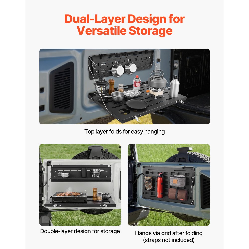 VEVOR Tailgate Table for 2021-2026 Ford Bronco 4 Door Hardtops (Exclude Bronco Sport), Foldable Molle Panel Drop Down Table, Rear Door Cargo Storage Rack Shelf Luggage Holder Carrier