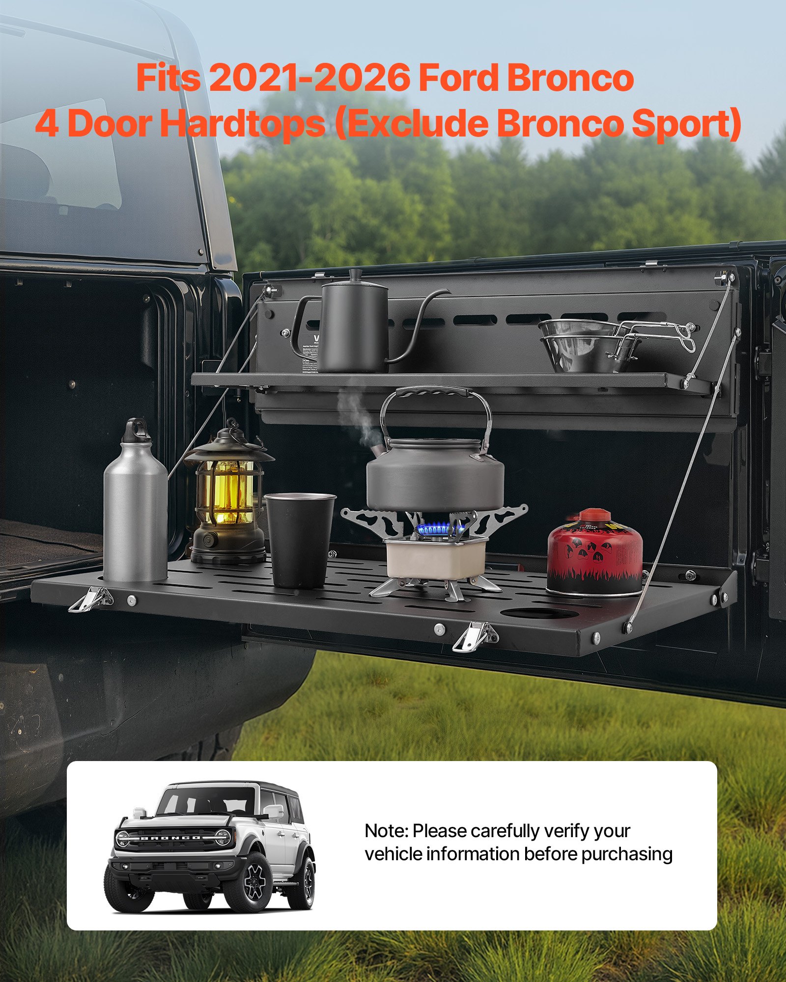 VEVOR Tailgate Table for 2021-2026 Ford Bronco 4 Door Hardtops (Exclude Bronco Sport), Foldable Molle Panel Drop Down Table, Rear Door Cargo Storage Rack Shelf Luggage Holder Carrier