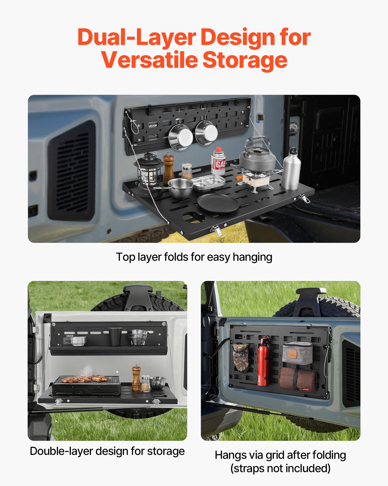 VEVOR Tailgate Table for 2021-2026 Ford Bronco 4 Door Hardtops (Exclude Bronco Sport), Foldable Molle Panel Drop Down Table, Rear Door Cargo Storage Rack Shelf Luggage Holder Carrier