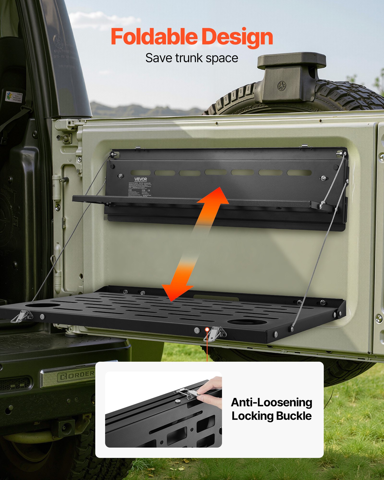 VEVOR Tailgate Table for 2021-2026 Ford Bronco 4 Door Hardtops (Exclude Bronco Sport), Foldable Molle Panel Drop Down Table, Rear Door Cargo Storage Rack Shelf Luggage Holder Carrier