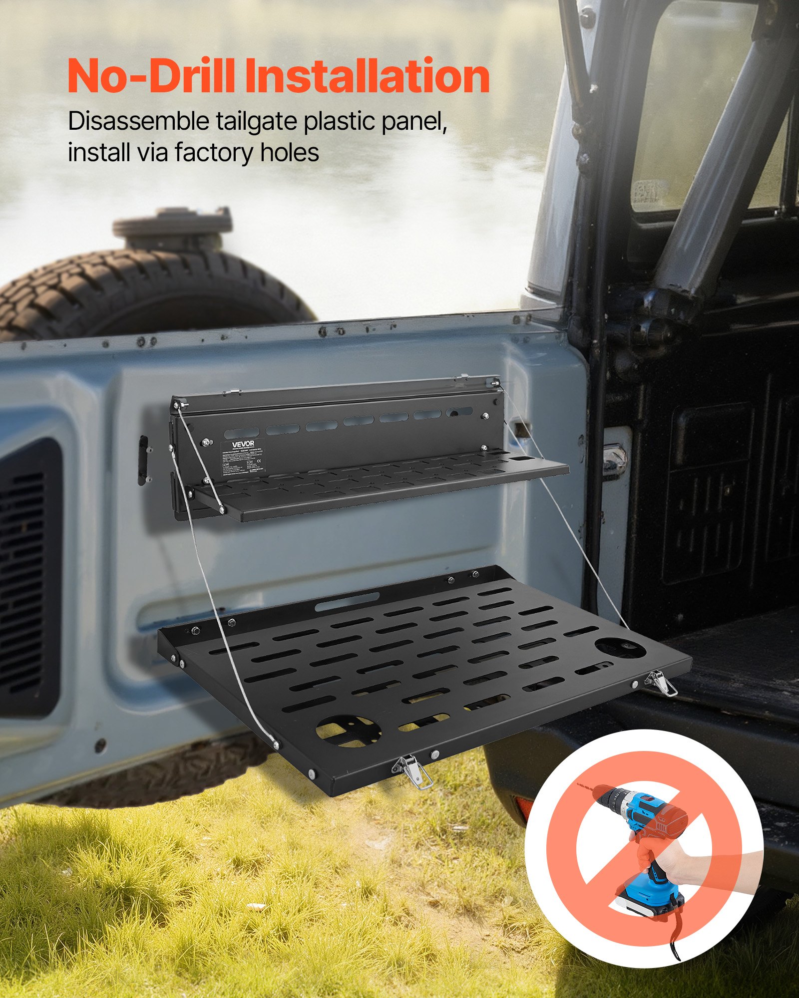 VEVOR Tailgate Table for 2021-2026 Ford Bronco 4 Door Hardtops (Exclude Bronco Sport), Foldable Molle Panel Drop Down Table, Rear Door Cargo Storage Rack Shelf Luggage Holder Carrier