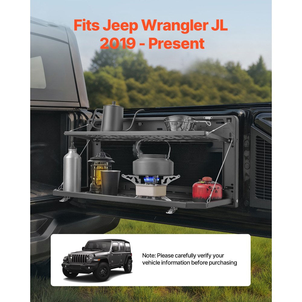 VEVOR Tailgate Table for Jeep Wrangler JL 2019 - Present, Carbon Steel Foldable Molle Panel Double-Layer Drop Down Table, Rear Cargo Storage Rack Shelf Luggage Holder Carrier Camping Accessories