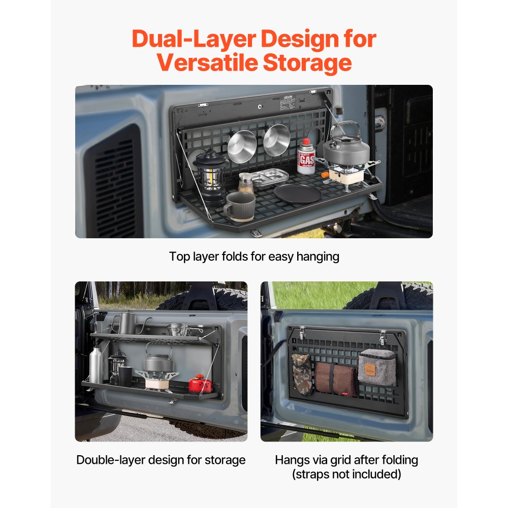 VEVOR Tailgate Table for Jeep Wrangler JL 2019 - Present, Carbon Steel Foldable Molle Panel Double-Layer Drop Down Table, Rear Cargo Storage Rack Shelf Luggage Holder Carrier Camping Accessories