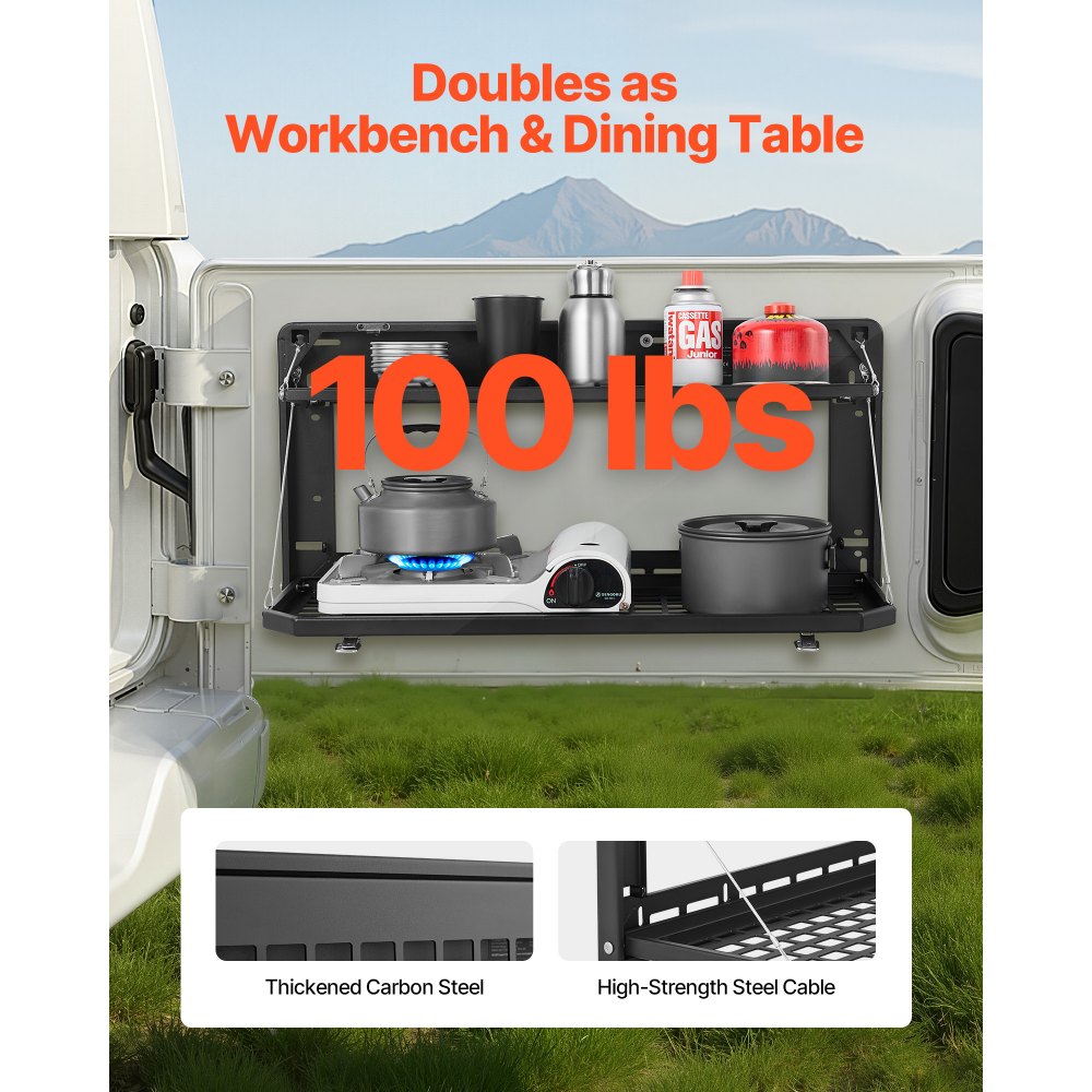 VEVOR Tailgate Table for Jeep Wrangler JL 2019 - Present, Carbon Steel Foldable Molle Panel Double-Layer Drop Down Table, Rear Cargo Storage Rack Shelf Luggage Holder Carrier Camping Accessories