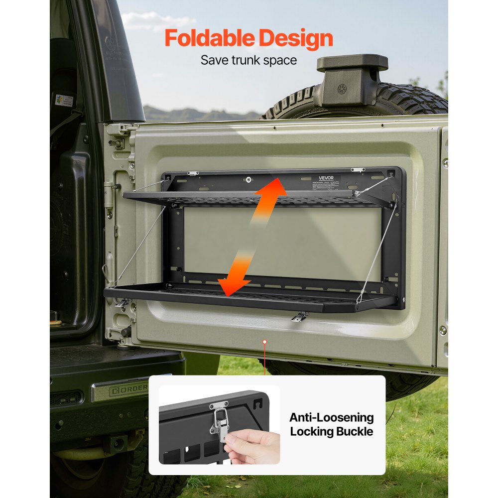 VEVOR Tailgate Table for Jeep Wrangler JL 2019 - Present, Carbon Steel Foldable Molle Panel Double-Layer Drop Down Table, Rear Cargo Storage Rack Shelf Luggage Holder Carrier Camping Accessories