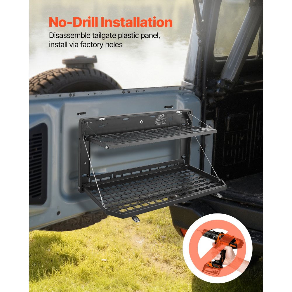 VEVOR Tailgate Table for Jeep Wrangler JL 2019 - Present, Carbon Steel Foldable Molle Panel Double-Layer Drop Down Table, Rear Cargo Storage Rack Shelf Luggage Holder Carrier Camping Accessories