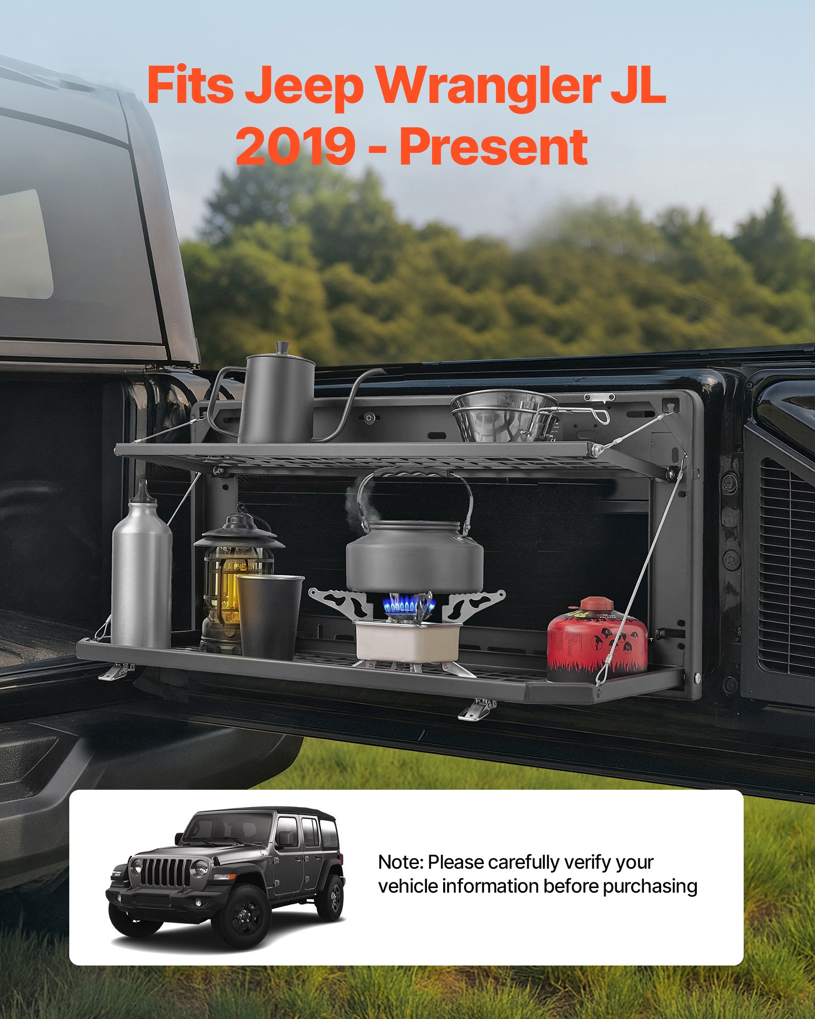 VEVOR Tailgate Table for Jeep Wrangler JL 2019 - Present, Carbon Steel Foldable Molle Panel Double-Layer Drop Down Table, Rear Cargo Storage Rack Shelf Luggage Holder Carrier Camping Accessories