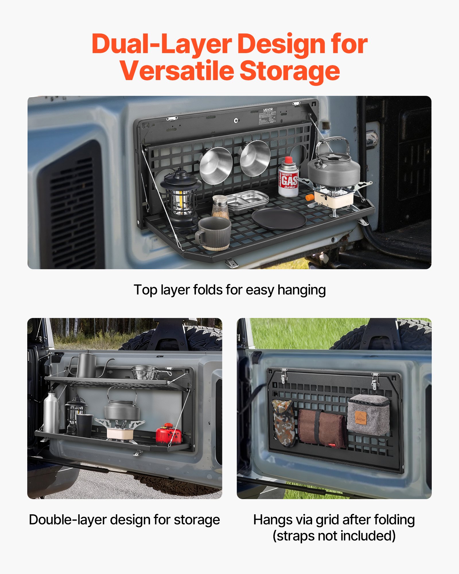 VEVOR Tailgate Table for Jeep Wrangler JL 2019 - Present, Carbon Steel Foldable Molle Panel Double-Layer Drop Down Table, Rear Cargo Storage Rack Shelf Luggage Holder Carrier Camping Accessories