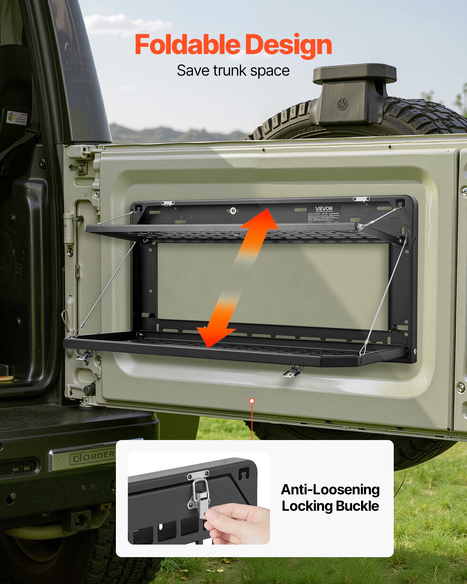 VEVOR Tailgate Table for Jeep Wrangler JL 2019 - Present, Carbon Steel Foldable Molle Panel Double-Layer Drop Down Table, Rear Cargo Storage Rack Shelf Luggage Holder Carrier Camping Accessories