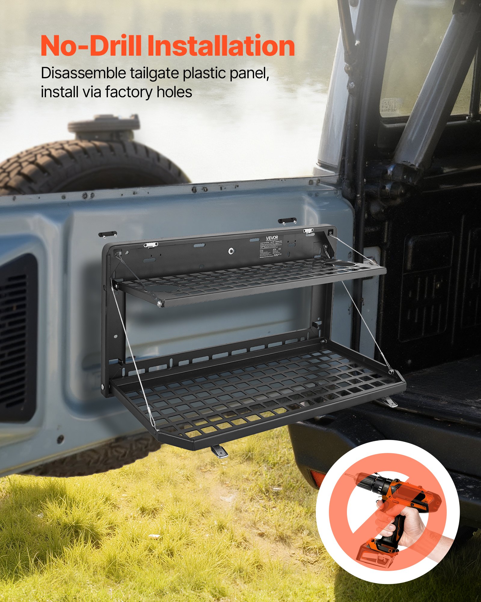 VEVOR Tailgate Table for Jeep Wrangler JL 2019 - Present, Carbon Steel Foldable Molle Panel Double-Layer Drop Down Table, Rear Cargo Storage Rack Shelf Luggage Holder Carrier Camping Accessories
