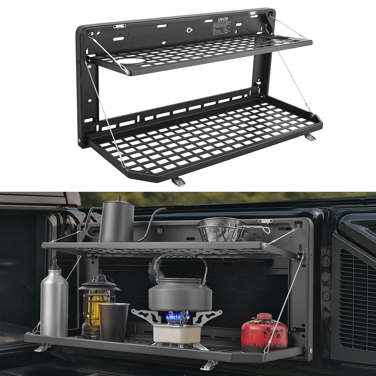 VEVOR Tailgate Table for Jeep Wrangler JL 2019 - Present, Carbon Steel Foldable Molle Panel Double-Layer Drop Down Table, Rear Cargo Storage Rack Shelf Luggage Holder Carrier Camping Accessories
