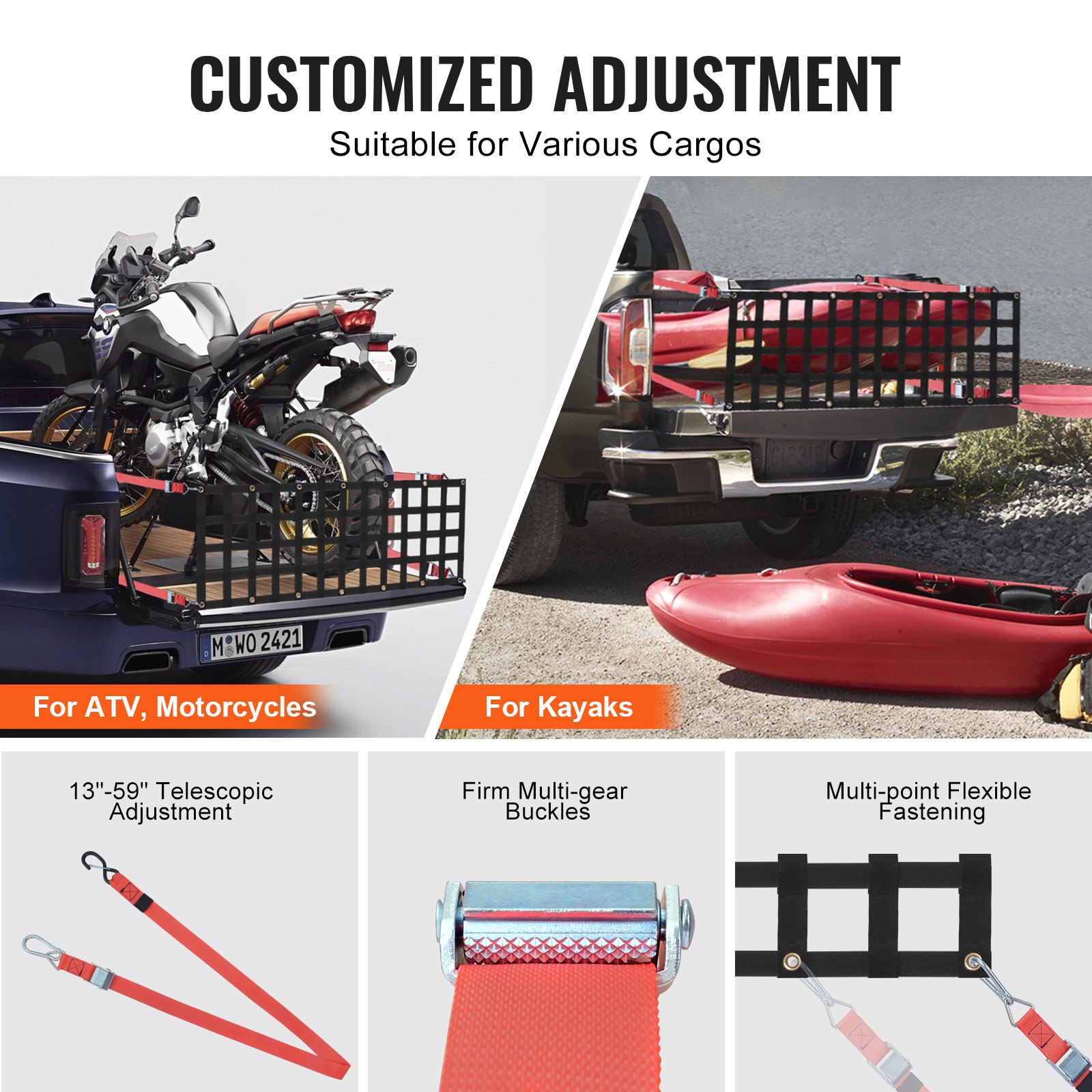 Red para portón trasero VEVOR, 137 x 45 cm, resistente, con 4 correas telescópicas ajustables, extensible y duradera, ajuste flexible, apta para camionetas, remolques, camiones, Jeep y SUV.