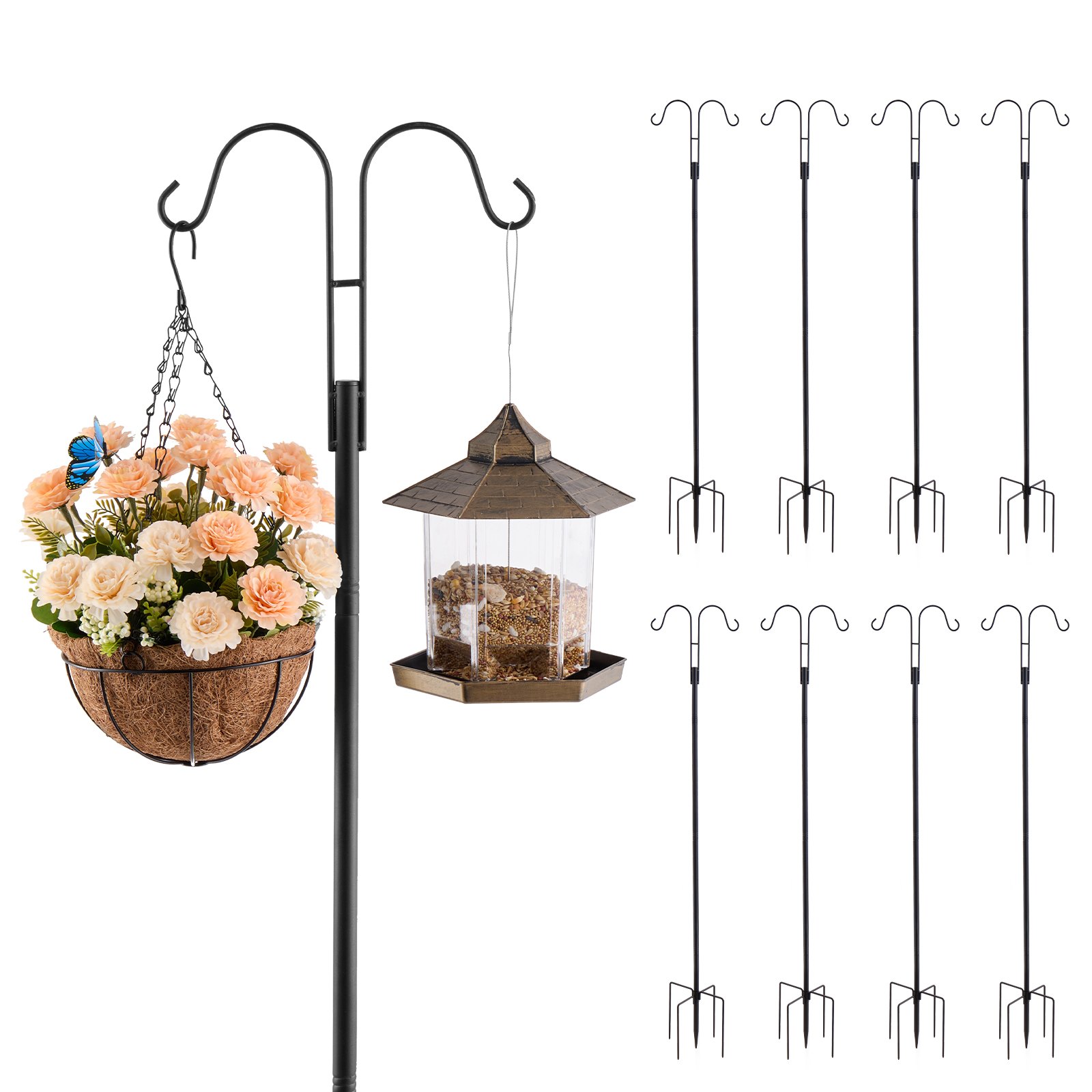 VEVOR Double Shepherds Hooks for Outdoor, 8 Pack 1560 mm Heavy Duty Bird Feeder Pole, 19 mm Thick Garden Hooks for Hanging Hummingbird Feeder, Plant Baskets, Solar Light Lanterns,Wind Chimes