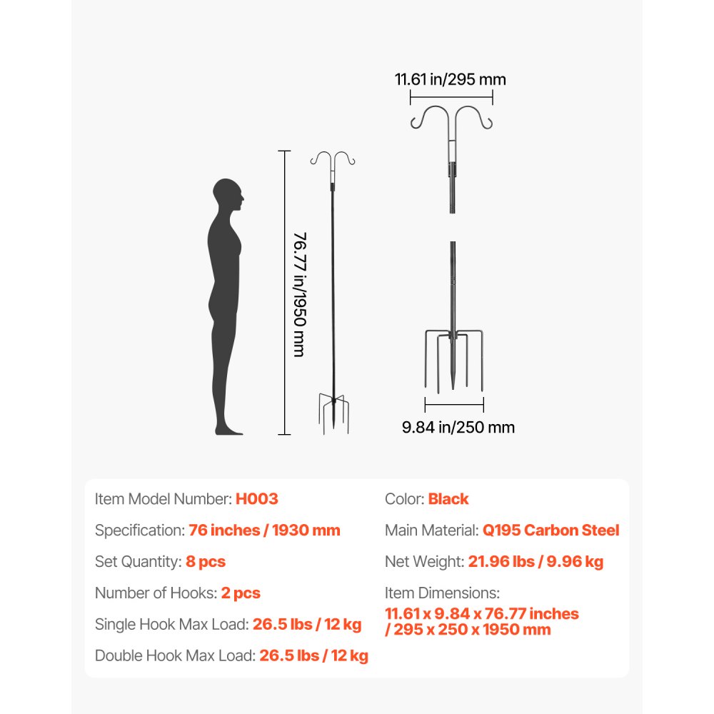 VEVOR Double Shepherds Hooks for Outdoor, 8 Pack 1950 mm Heavy Duty Bird Feeder Pole, 19 mm Thick Garden Hooks for Hanging Hummingbird Feeder, Plant Baskets, Solar Light Lanterns,Wind Chimes